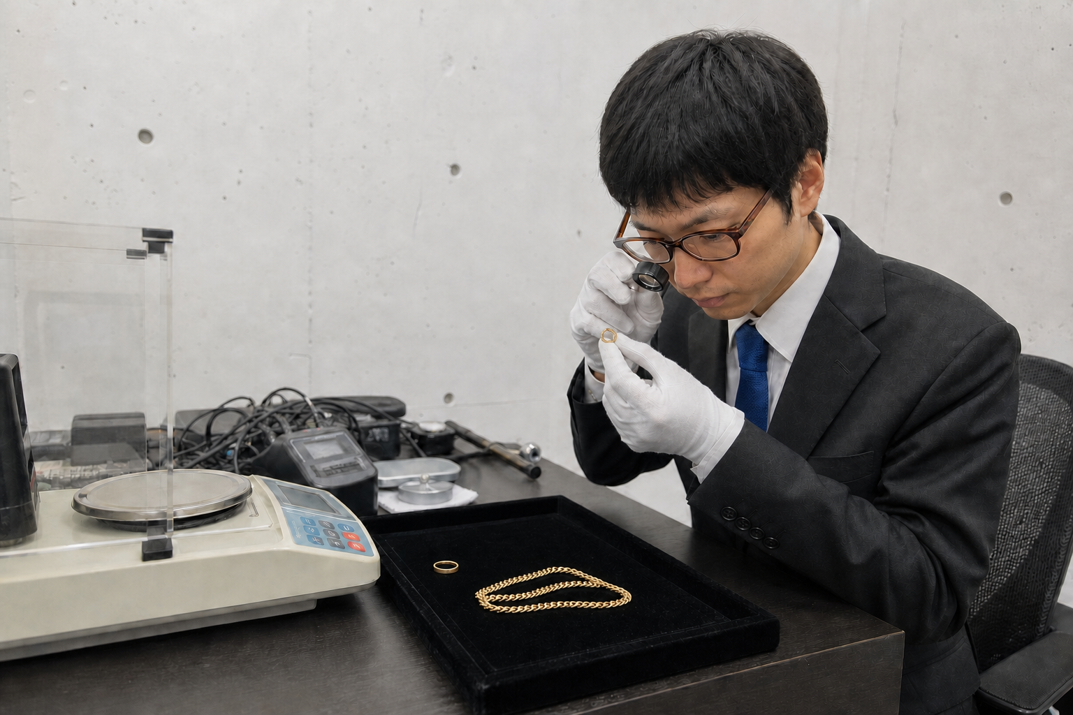鑑定士が金の指輪を手で持ち、喜平ネックレスとともに確認している様子