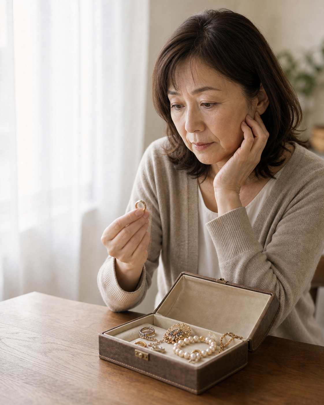 母から譲られた指輪を前に考える50代から60代の女性