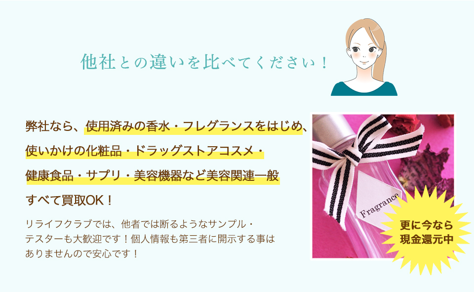 他者との違いを比べてください！弊社なら、使用済みの香水・フレグランスをはじめ、
使いかけの化粧品・ドラッグストアコスメ・
健康食品・サプリ・美容機器など美容関連一般
すべて買取OK！個人情報も第三者に開示する事は
ありませんので安心です！