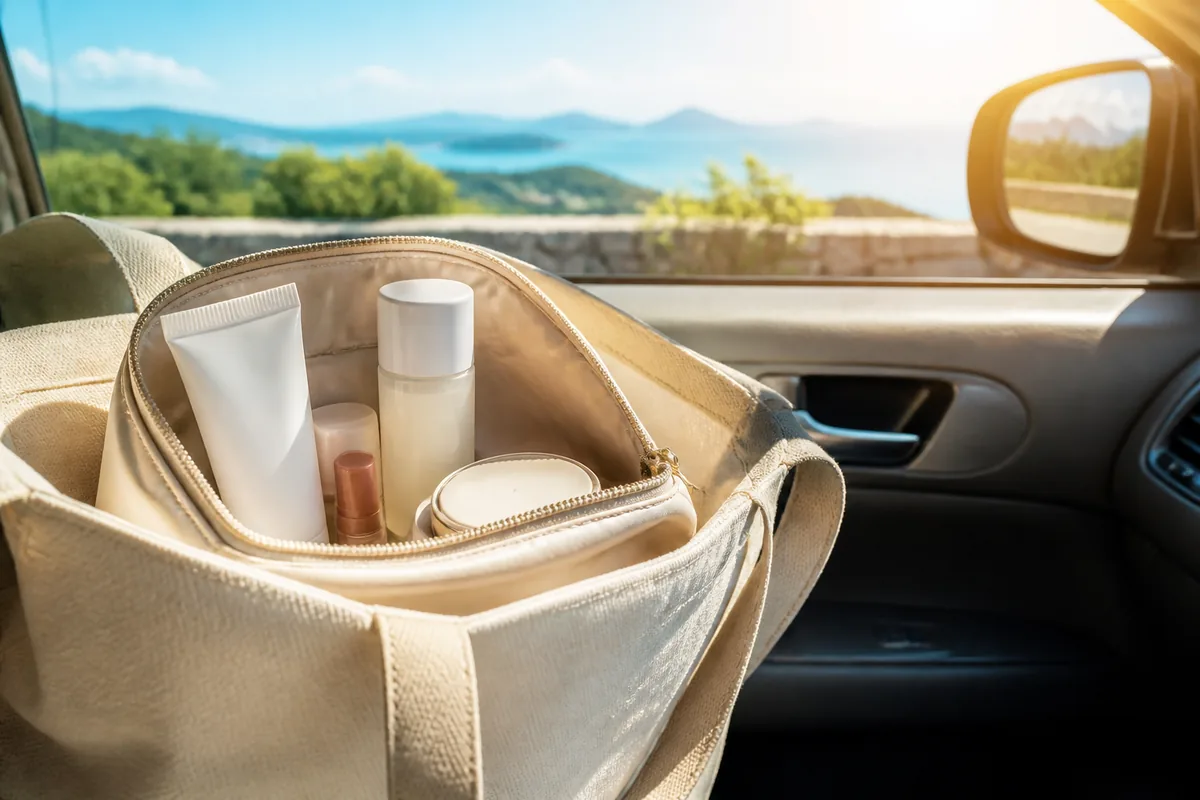 夏の車内で化粧品を安全に持ち運ぶためのコスメポーチ