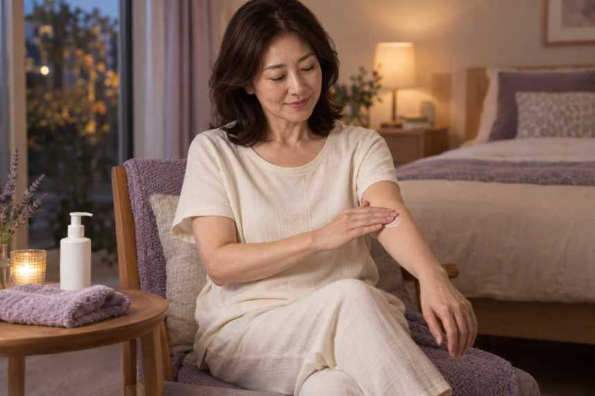椅子に座り腕に保湿剤を広げる女性の生成イメージ