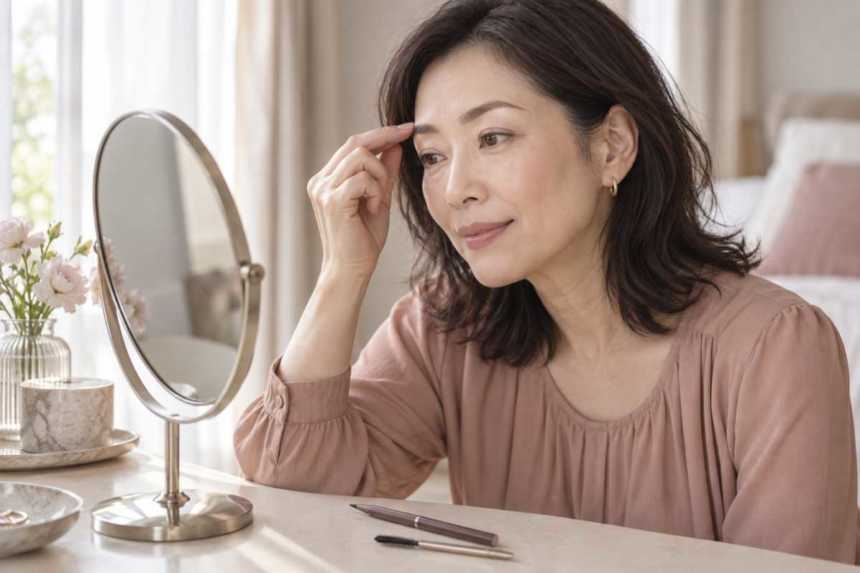 鏡で眉の仕上がりを確かめる女性の生成イメージ