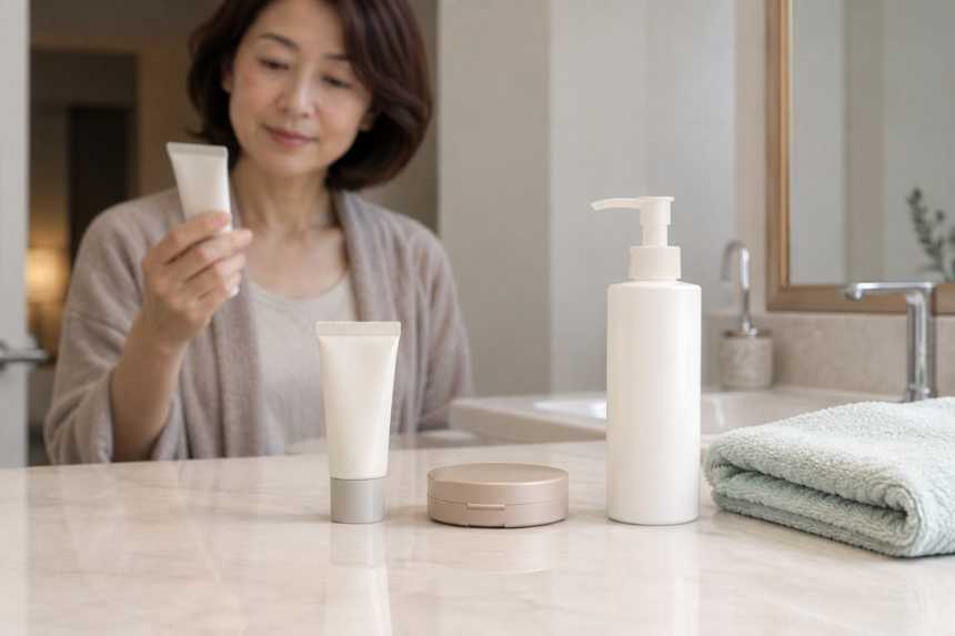 化粧品の容器を手に取って確認する女性と洗面台の生成イメージ