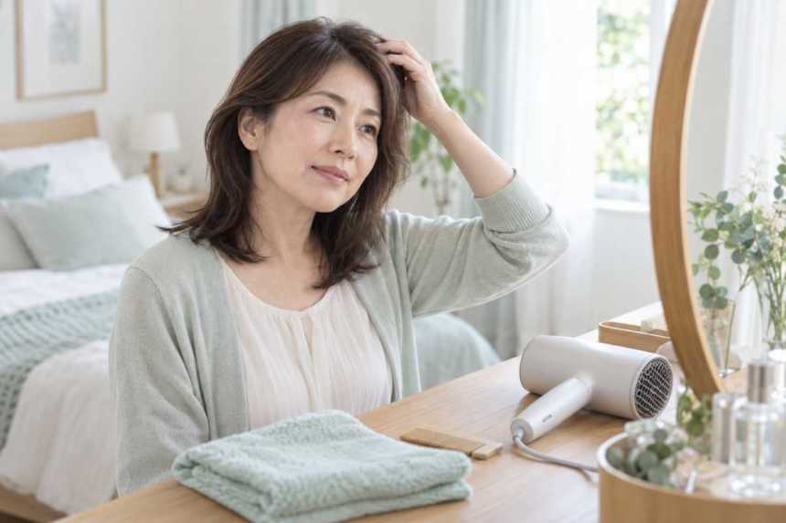 鏡の前で根元の髪を確かめる女性とドライヤーの生成イメージ