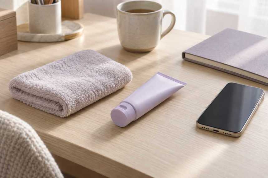 ハンドクリームのチューブとスマホ、タオルを置いた机の生成イメージ