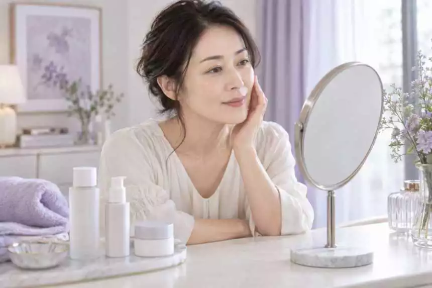 鏡で頬の状態を確かめる女性とスキンケア用品の生成イメージ