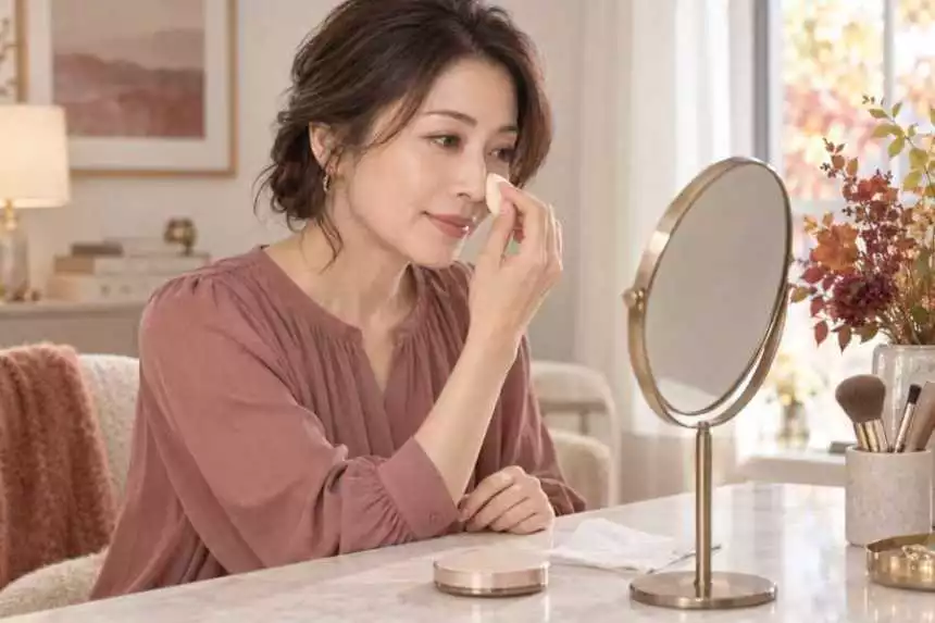 スポンジで小鼻のメイクを整える女性のイメージ