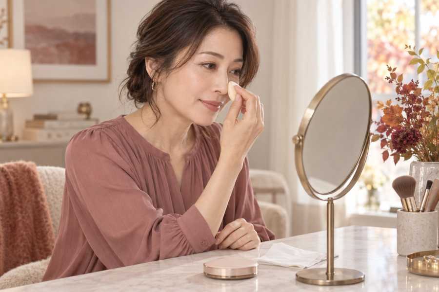 スポンジで小鼻のメイクを整える女性のイメージ