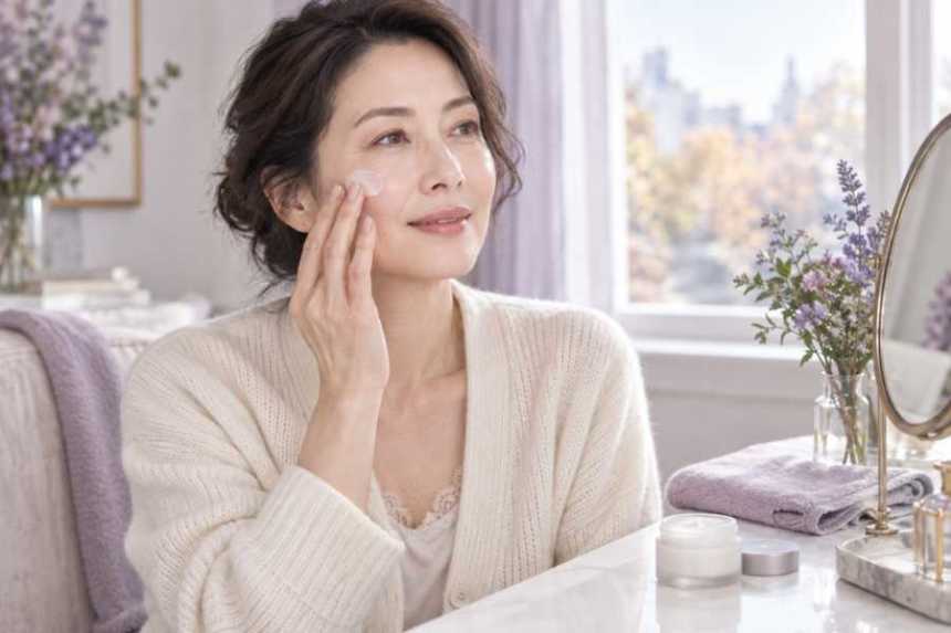 季節の変わり目に頬を保湿する女性のイメージ