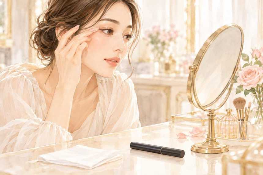 鏡で目元を確認する女性とマスカラ・ティッシュの生成イラスト