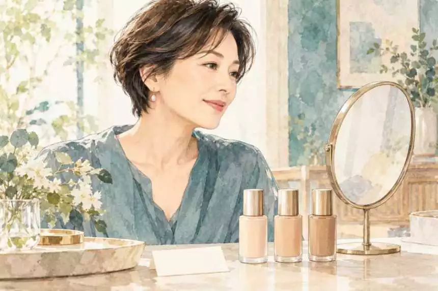鏡でメイクの仕上がりを確認する女性の生成イラスト